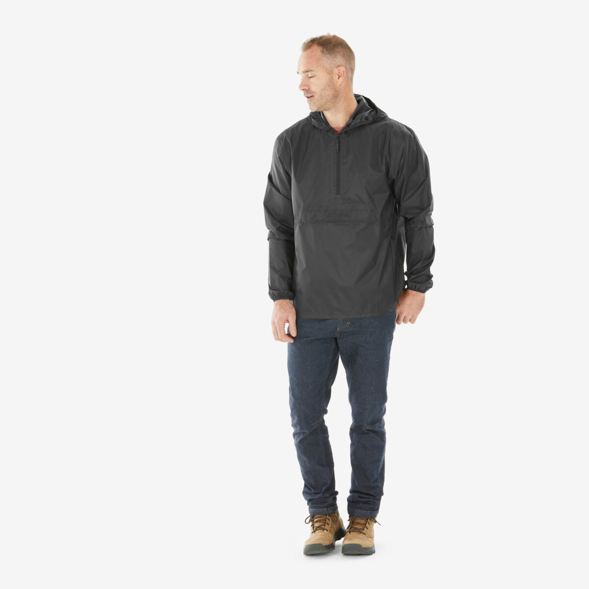 Men Half Zip Compact Rain Jacket with Pouch - Black - Image 2